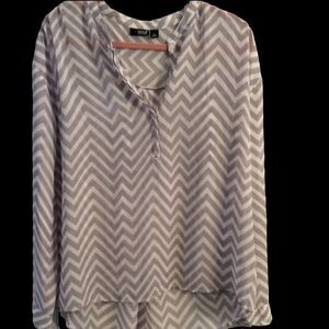 A.N.A. gray white long sleeve chevron striped tunic blouse sheer womens XL